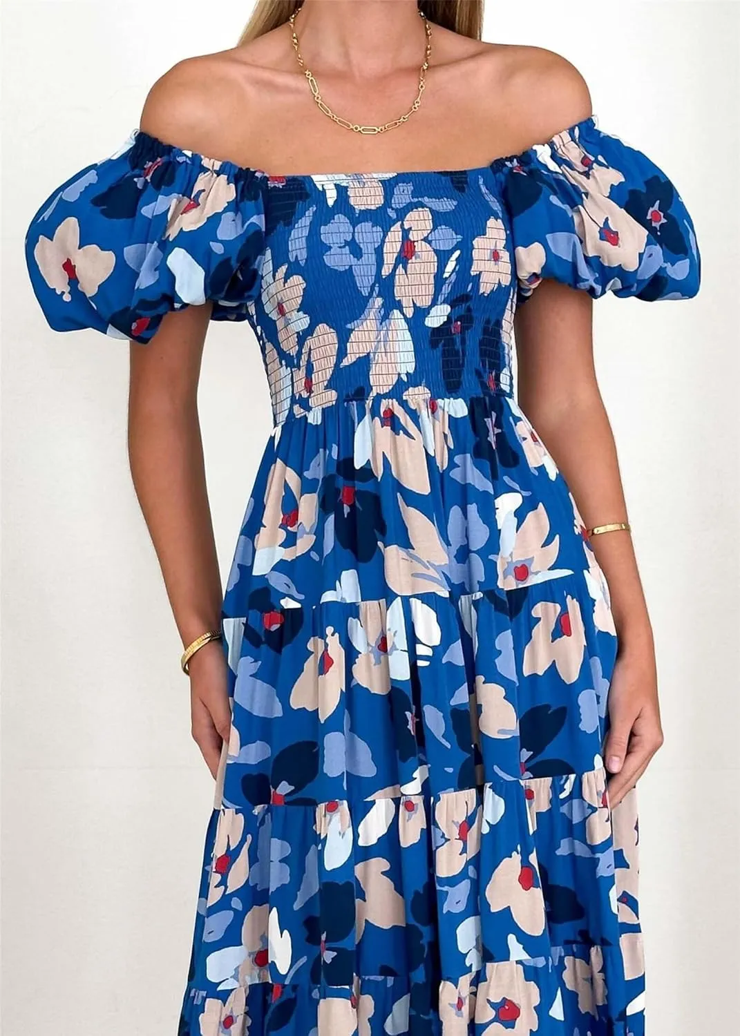 Womens Summer Dresses Cute Puff Sleeve Boho Dresses Flowy Ruched Maxi Dress Trendy Vacation Dresses Wedding Dresses