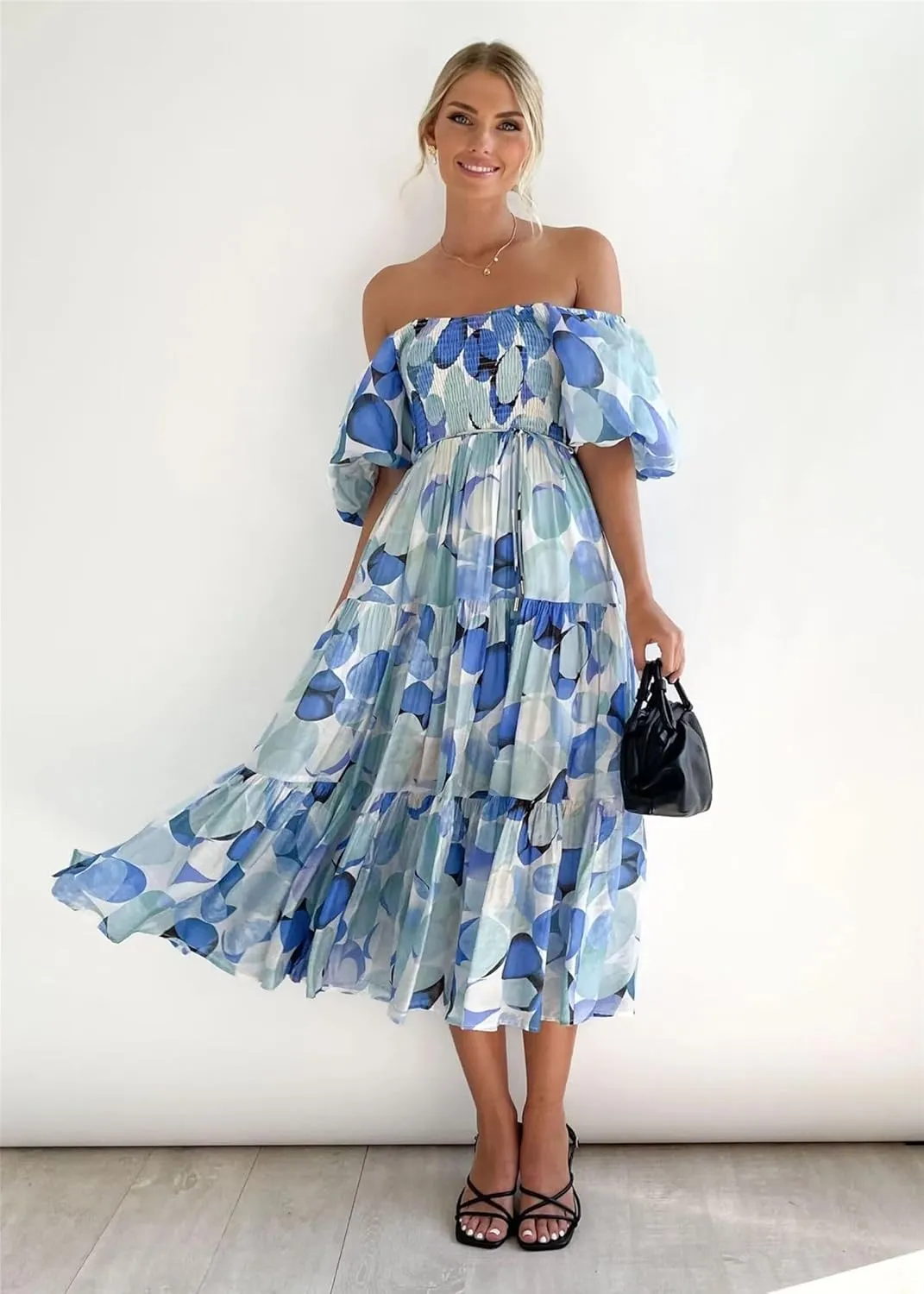 Womens Summer Dresses Cute Puff Sleeve Boho Dresses Flowy Ruched Maxi Dress Trendy Vacation Dresses Wedding Dresses