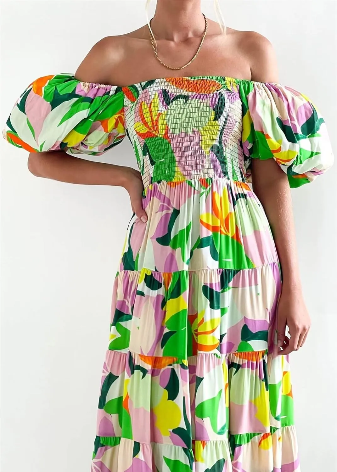 Womens Summer Dresses Cute Puff Sleeve Boho Dresses Flowy Ruched Maxi Dress Trendy Vacation Dresses Wedding Dresses