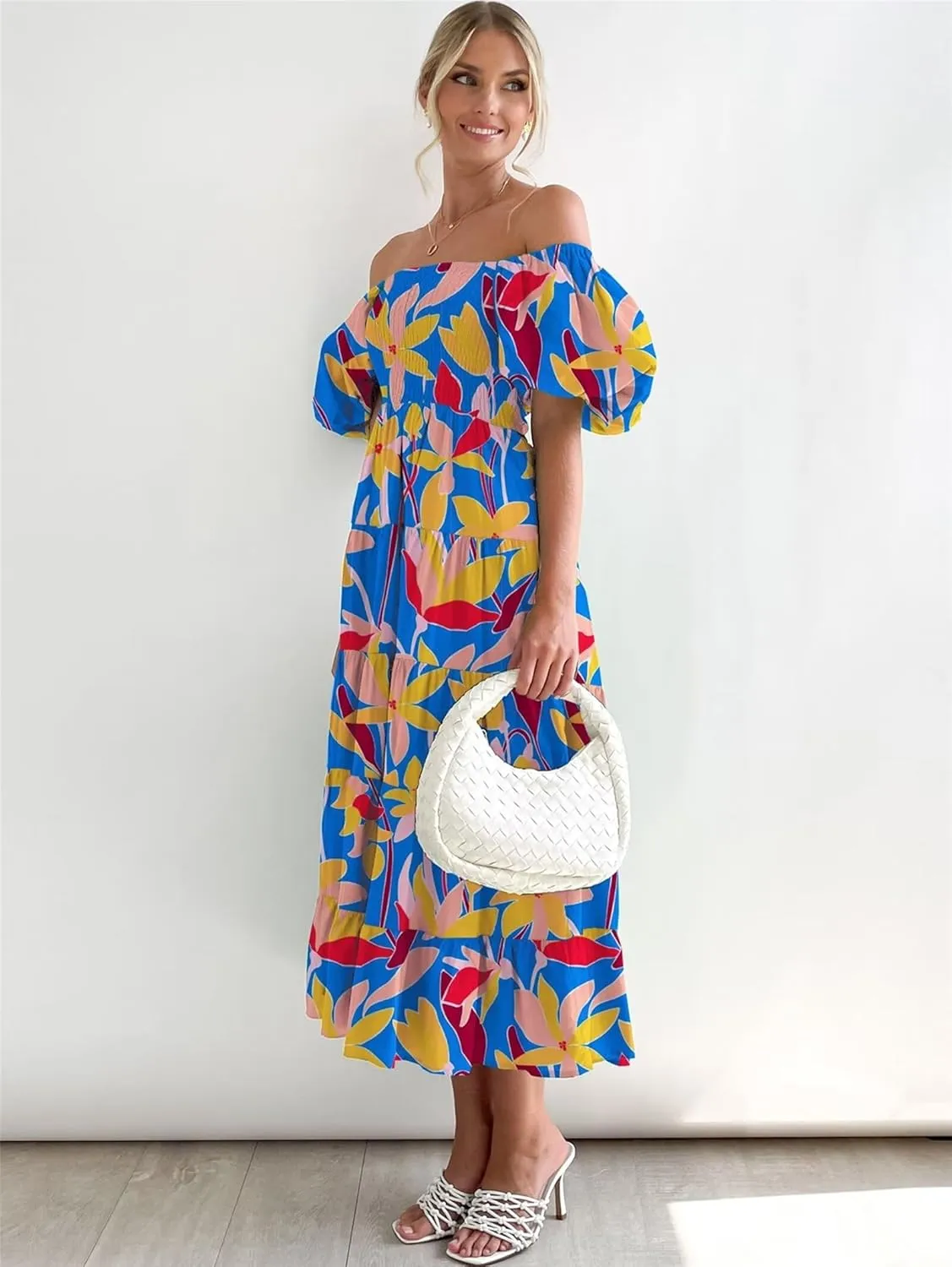 Womens Summer Dresses Cute Puff Sleeve Boho Dresses Flowy Ruched Maxi Dress Trendy Vacation Dresses Wedding Dresses