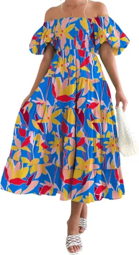 Womens Summer Dresses Cute Puff Sleeve Boho Dresses Flowy Ruched Maxi Dress Trendy Vacation Dresses Wedding Dresses
