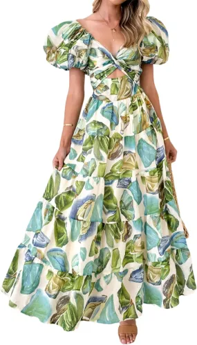 Womens Summer Dresses Cute Puff Sleeve Boho Dresses Flowy Ruched Maxi Dress Trendy Vacation Dresses Wedding Dresses