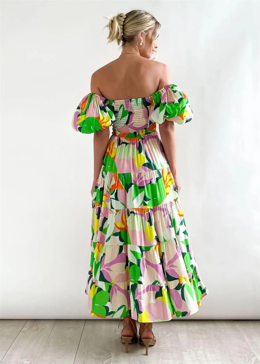 Womens Summer Dresses Cute Puff Sleeve Boho Dresses Flowy Ruched Maxi Dress Trendy Vacation Dresses Wedding Dresses