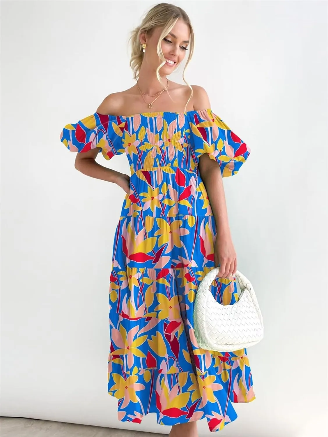 Womens Summer Dresses Cute Puff Sleeve Boho Dresses Flowy Ruched Maxi Dress Trendy Vacation Dresses Wedding Dresses