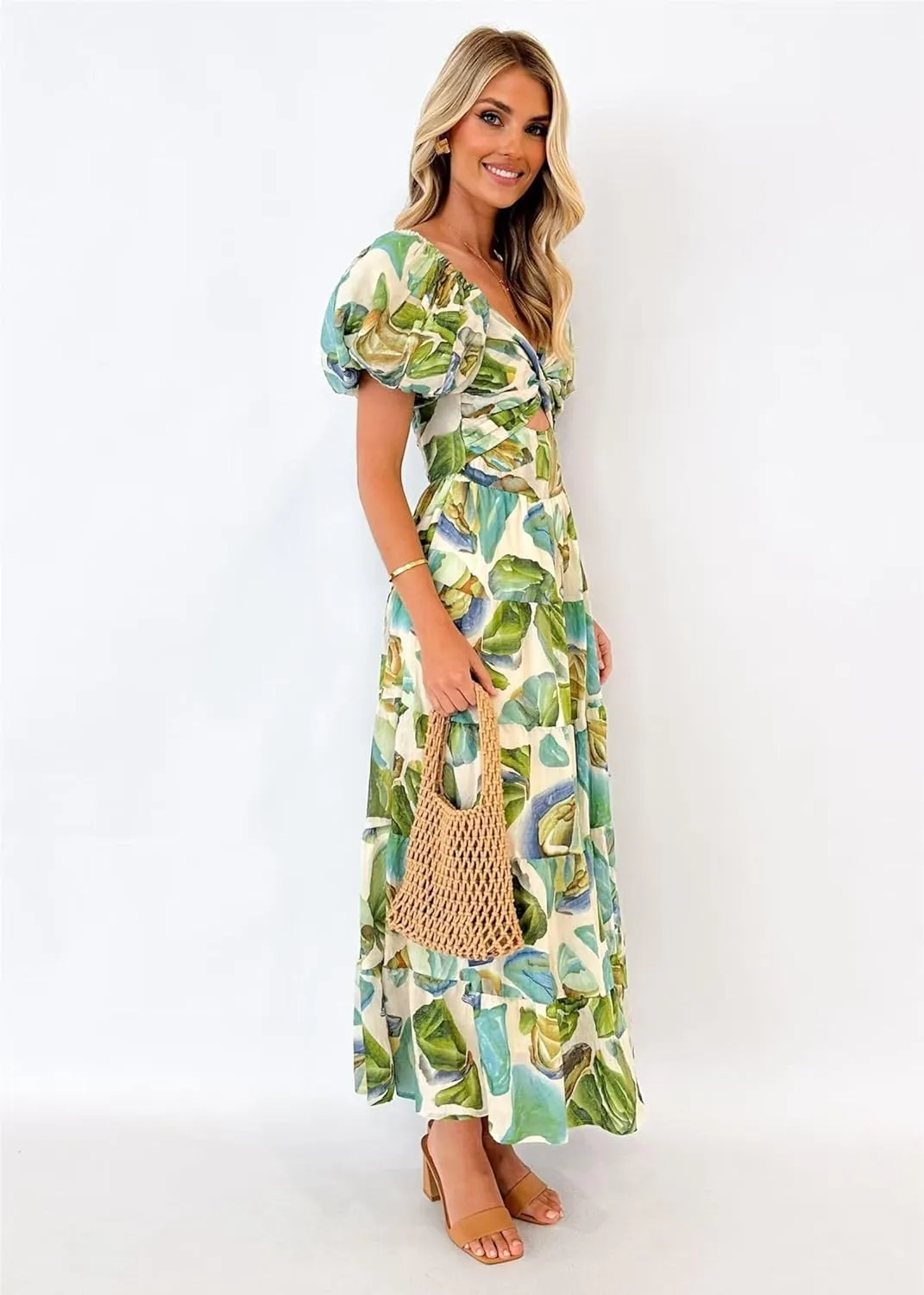 Womens Summer Dresses Cute Puff Sleeve Boho Dresses Flowy Ruched Maxi Dress Trendy Vacation Dresses Wedding Dresses
