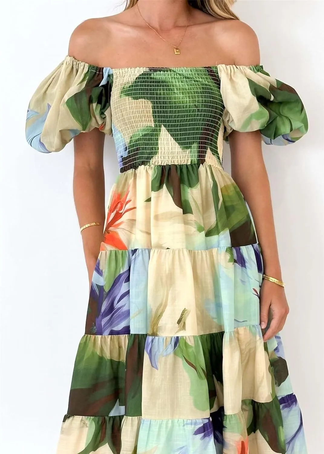 Womens Summer Dresses Cute Puff Sleeve Boho Dresses Flowy Ruched Maxi Dress Trendy Vacation Dresses Wedding Dresses