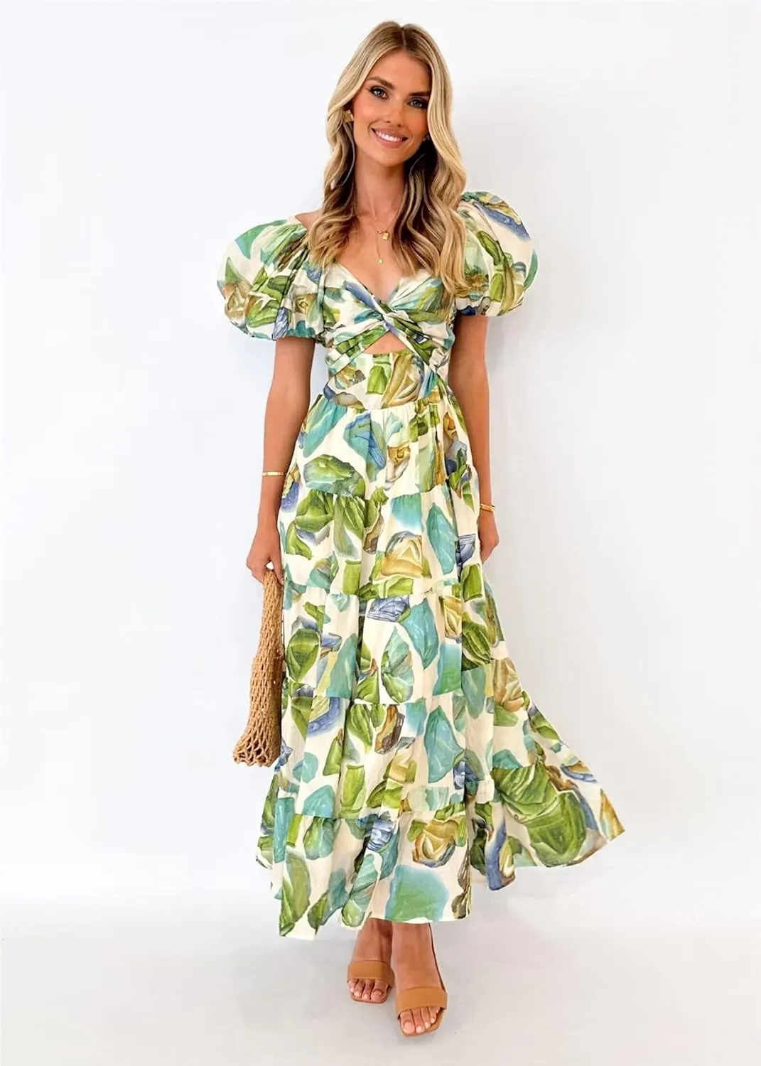 Womens Summer Dresses Cute Puff Sleeve Boho Dresses Flowy Ruched Maxi Dress Trendy Vacation Dresses Wedding Dresses