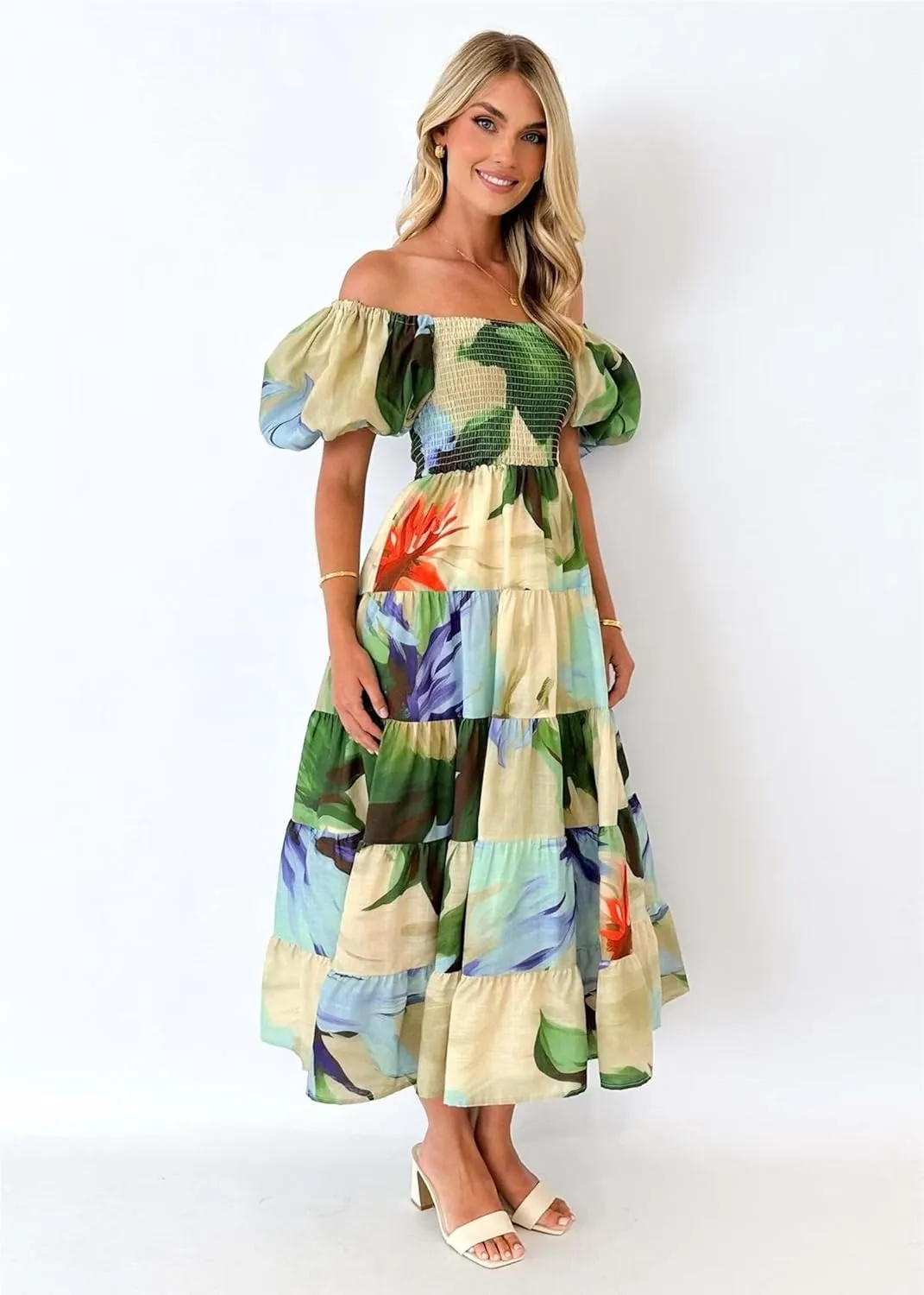 Womens Summer Dresses Cute Puff Sleeve Boho Dresses Flowy Ruched Maxi Dress Trendy Vacation Dresses Wedding Dresses