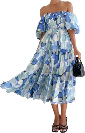 Womens Summer Dresses Cute Puff Sleeve Boho Dresses Flowy Ruched Maxi Dress Trendy Vacation Dresses Wedding Dresses