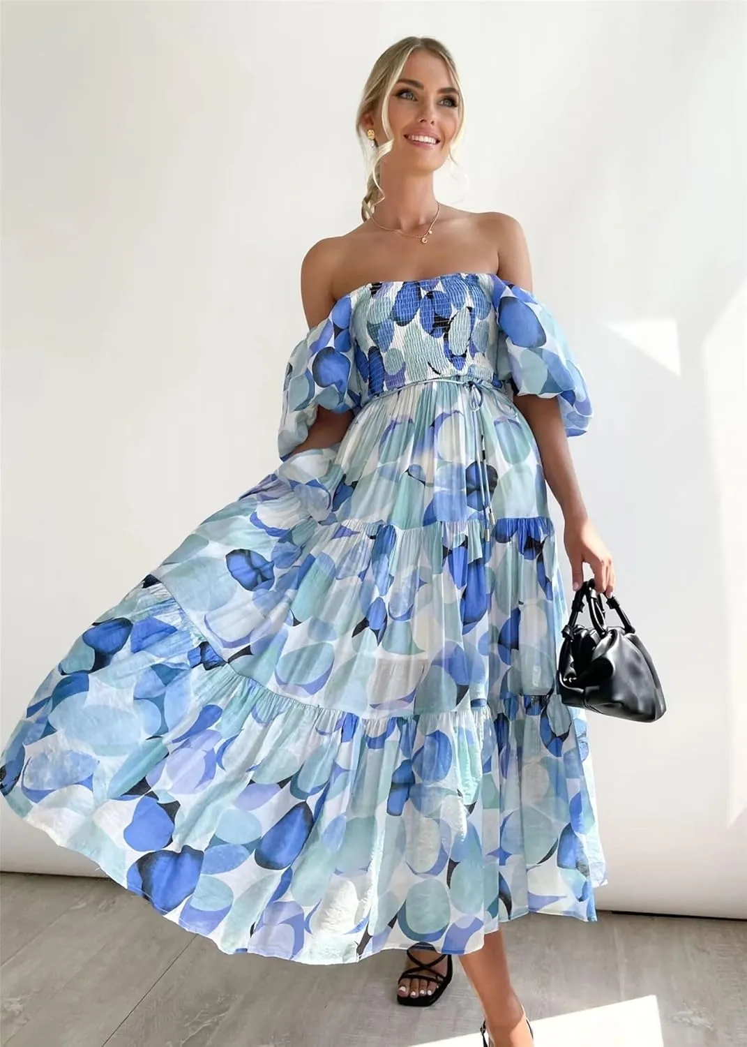 Womens Summer Dresses Cute Puff Sleeve Boho Dresses Flowy Ruched Maxi Dress Trendy Vacation Dresses Wedding Dresses
