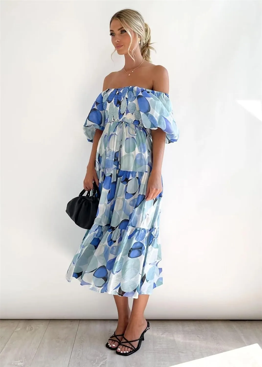 Womens Summer Dresses Cute Puff Sleeve Boho Dresses Flowy Ruched Maxi Dress Trendy Vacation Dresses Wedding Dresses