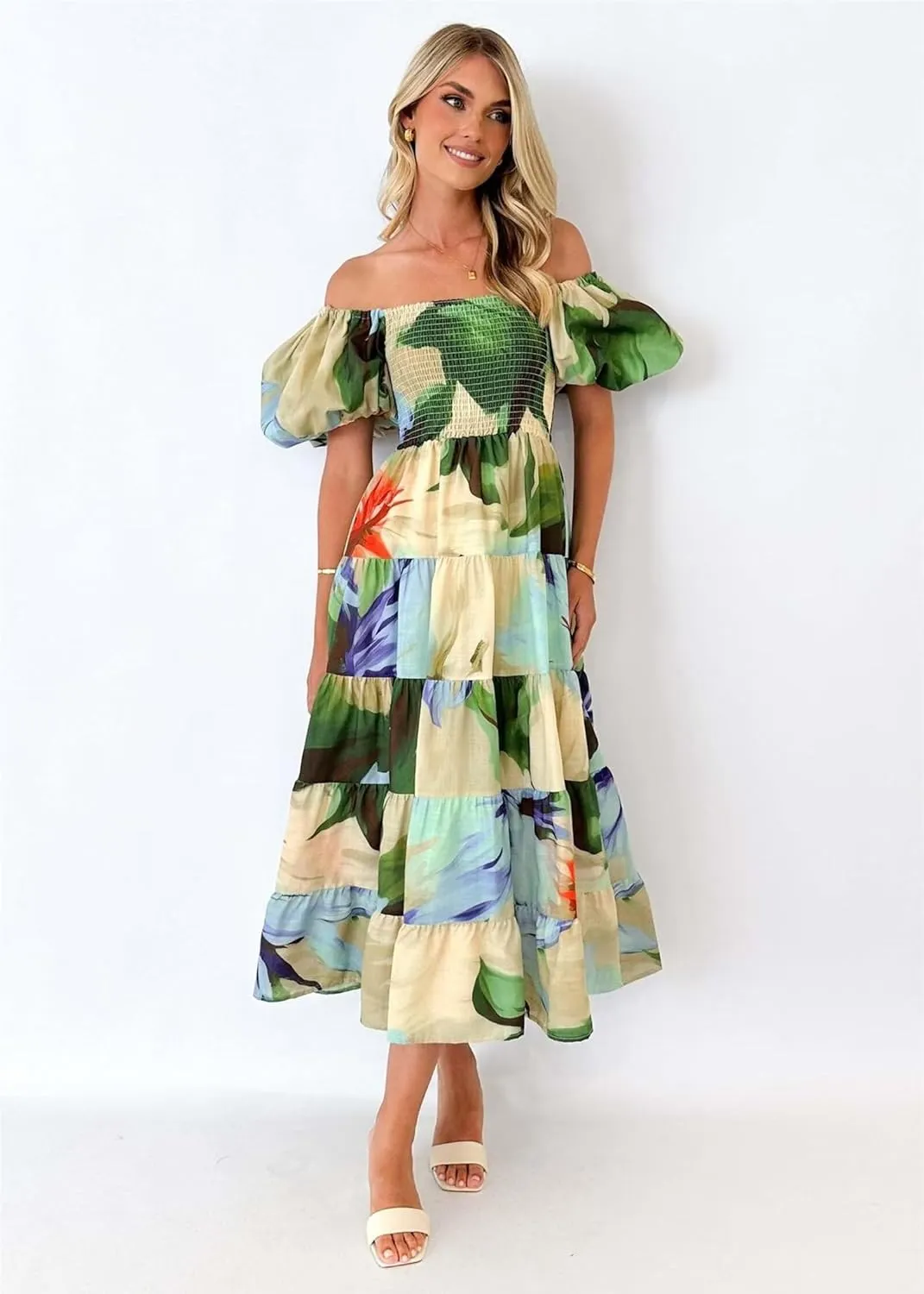 Womens Summer Dresses Cute Puff Sleeve Boho Dresses Flowy Ruched Maxi Dress Trendy Vacation Dresses Wedding Dresses