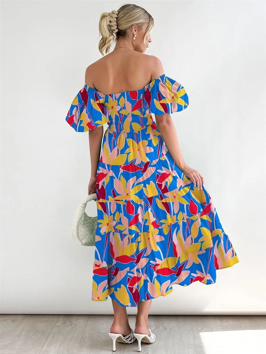 Womens Summer Dresses Cute Puff Sleeve Boho Dresses Flowy Ruched Maxi Dress Trendy Vacation Dresses Wedding Dresses