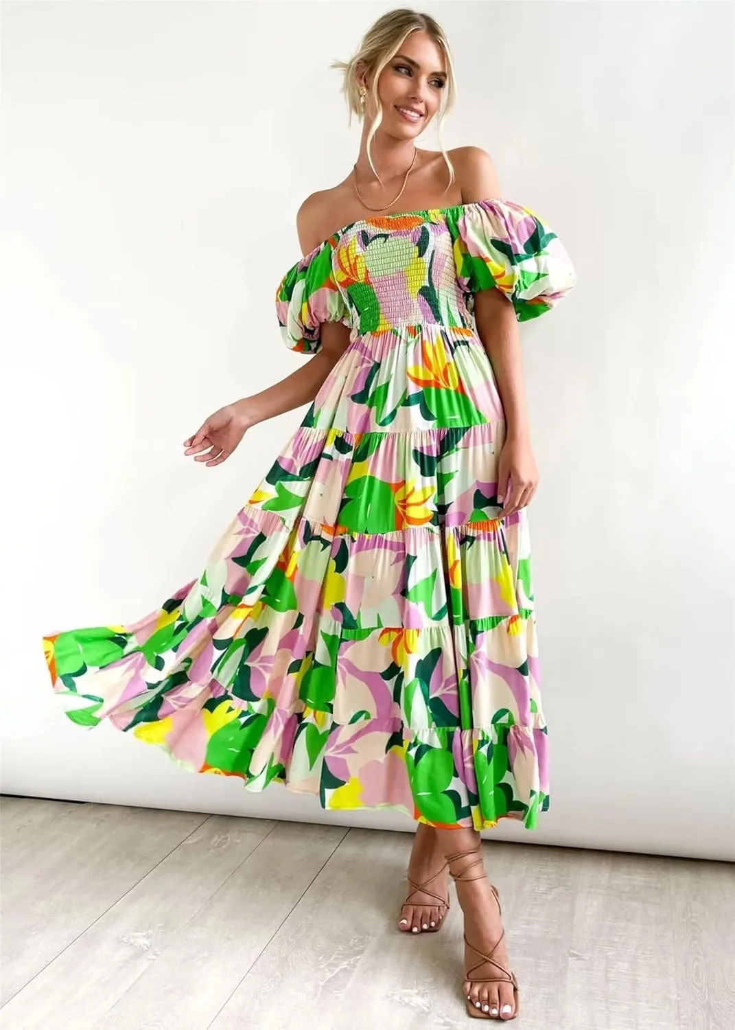 Womens Summer Dresses Cute Puff Sleeve Boho Dresses Flowy Ruched Maxi Dress Trendy Vacation Dresses Wedding Dresses