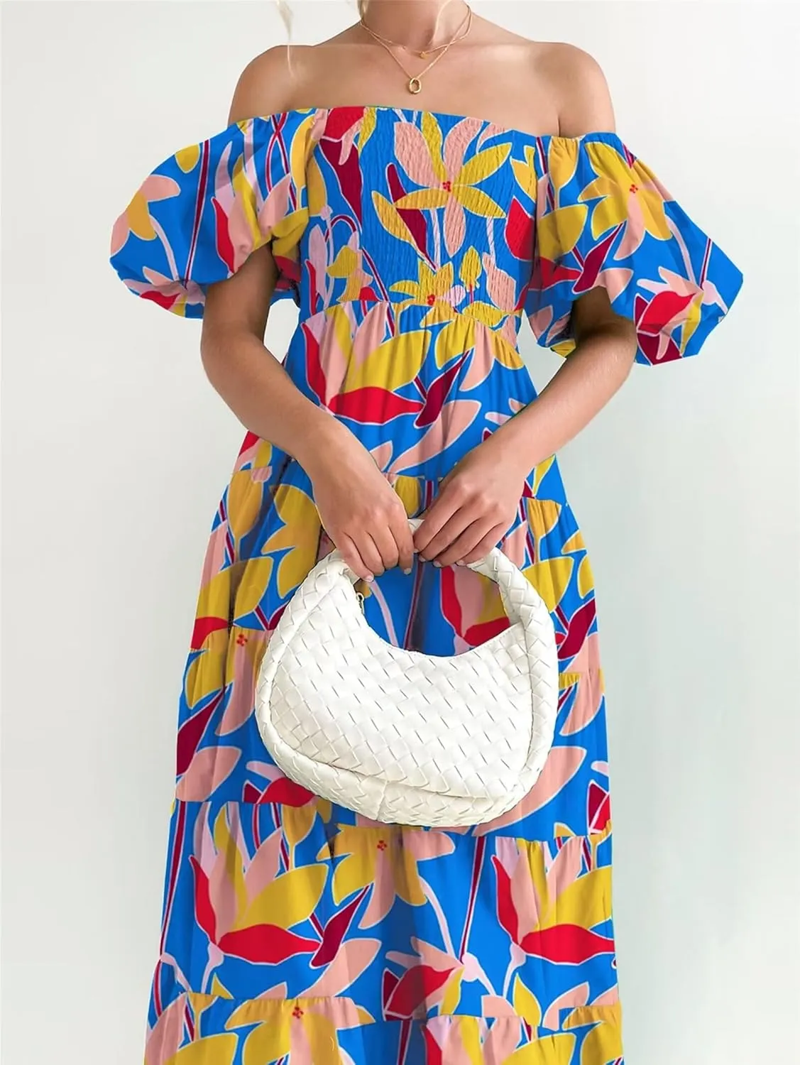 Womens Summer Dresses Cute Puff Sleeve Boho Dresses Flowy Ruched Maxi Dress Trendy Vacation Dresses Wedding Dresses