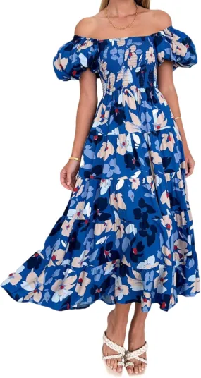 Womens Summer Dresses Cute Puff Sleeve Boho Dresses Flowy Ruched Maxi Dress Trendy Vacation Dresses Wedding Dresses