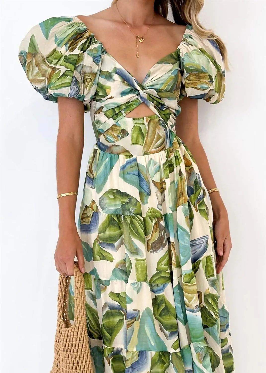 Womens Summer Dresses Cute Puff Sleeve Boho Dresses Flowy Ruched Maxi Dress Trendy Vacation Dresses Wedding Dresses