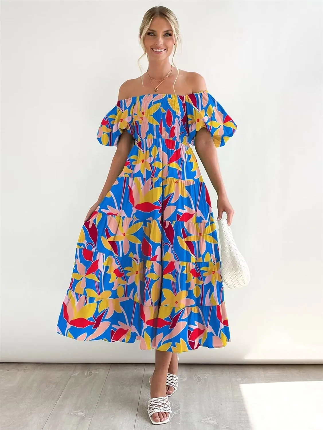 Womens Summer Dresses Cute Puff Sleeve Boho Dresses Flowy Ruched Maxi Dress Trendy Vacation Dresses Wedding Dresses