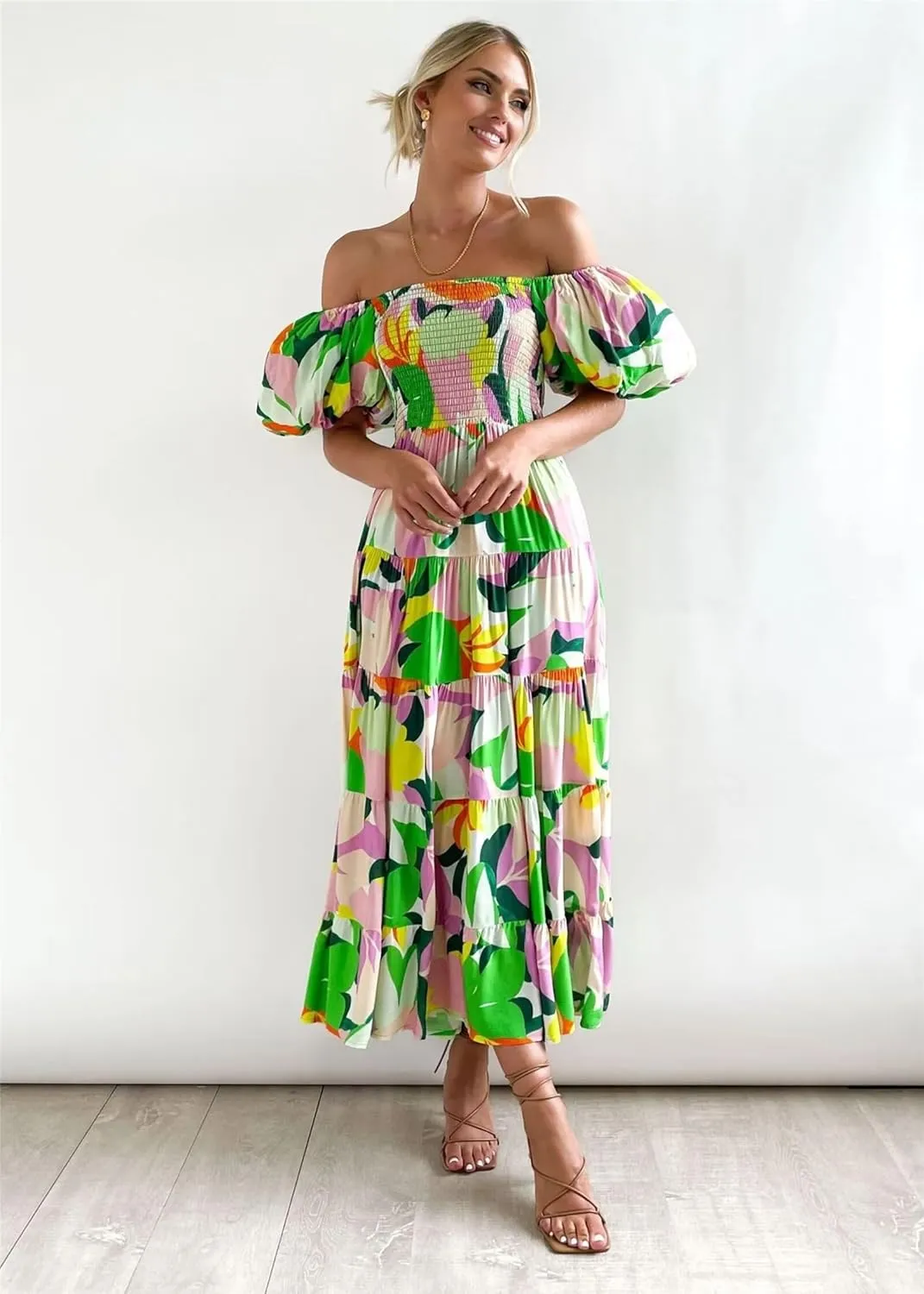 Womens Summer Dresses Cute Puff Sleeve Boho Dresses Flowy Ruched Maxi Dress Trendy Vacation Dresses Wedding Dresses