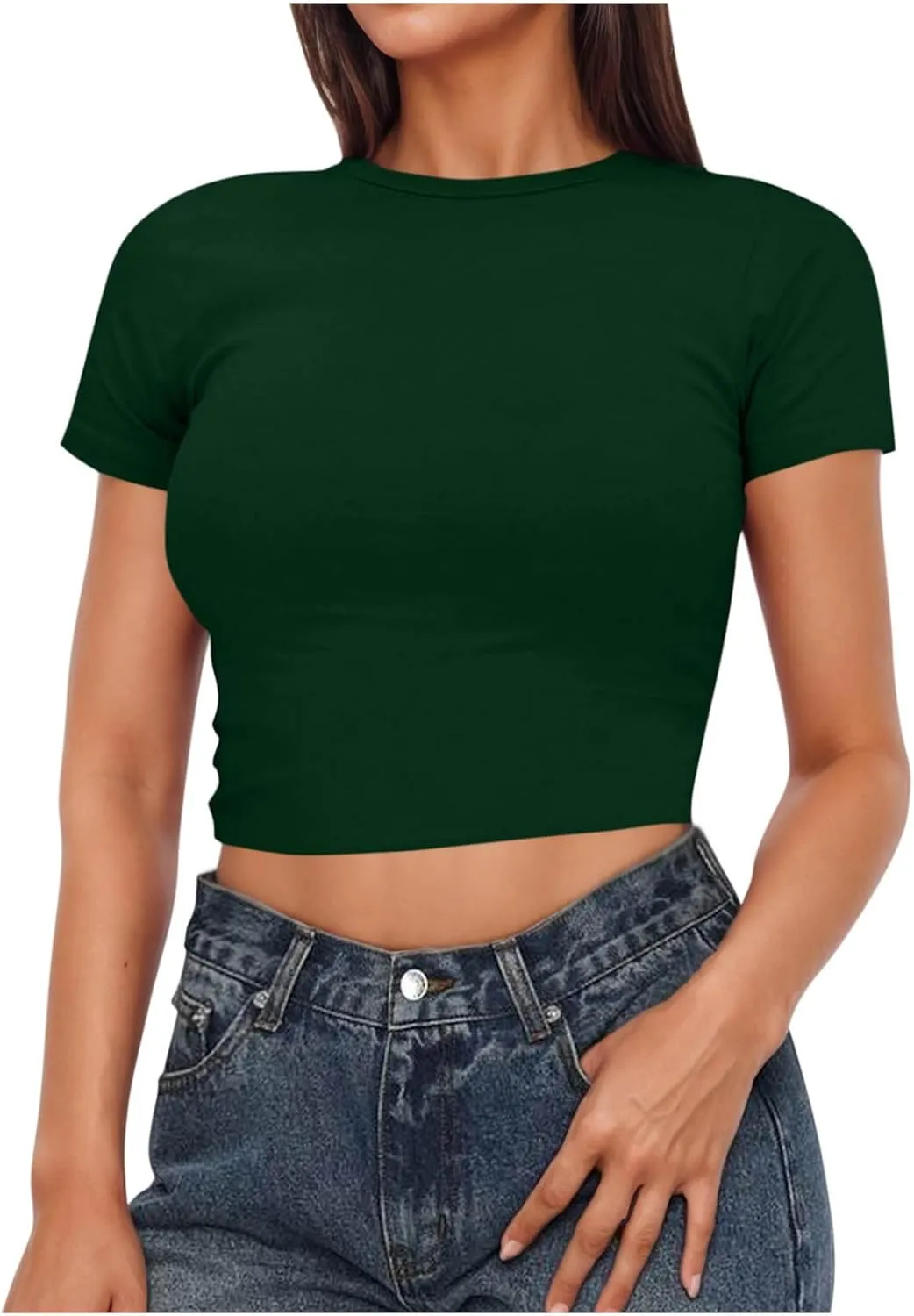 Womens Summer Going Out Tops Short Sleeve Crop Tops Basic T Shirts Scoop Neck Slim Fit Summer Tees Y2k Clothes