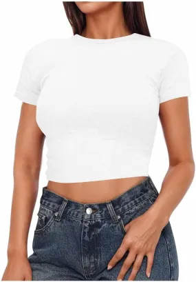 Womens Summer Going Out Tops Short Sleeve Crop Tops Basic T Shirts Scoop Neck Slim Fit Summer Tees Y2k Clothes