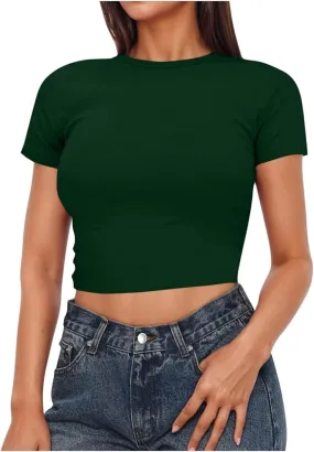 Womens Summer Going Out Tops Short Sleeve Crop Tops Basic T Shirts Scoop Neck Slim Fit Summer Tees Y2k Clothes