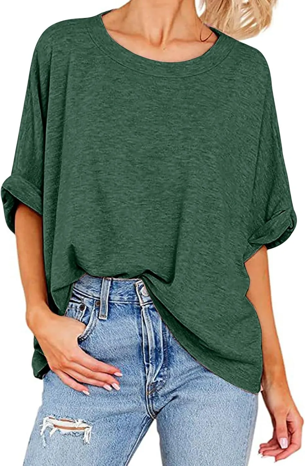 Womens Summer Oversized Tshirts Half Sleeve Crew Neck Tee Tops Fashion Casual Solid Shirt Loose Roll Up Comfy Blouse