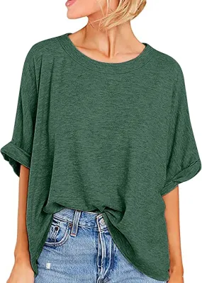 Womens Summer Oversized Tshirts Half Sleeve Crew Neck Tee Tops Fashion Casual Solid Shirt Loose Roll Up Comfy Blouse
