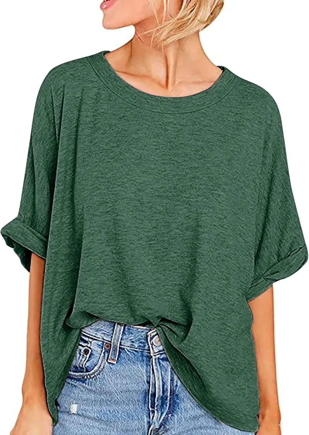 Womens Summer Oversized Tshirts Half Sleeve Crew Neck Tee Tops Fashion Casual Solid Shirt Loose Roll Up Comfy Blouse