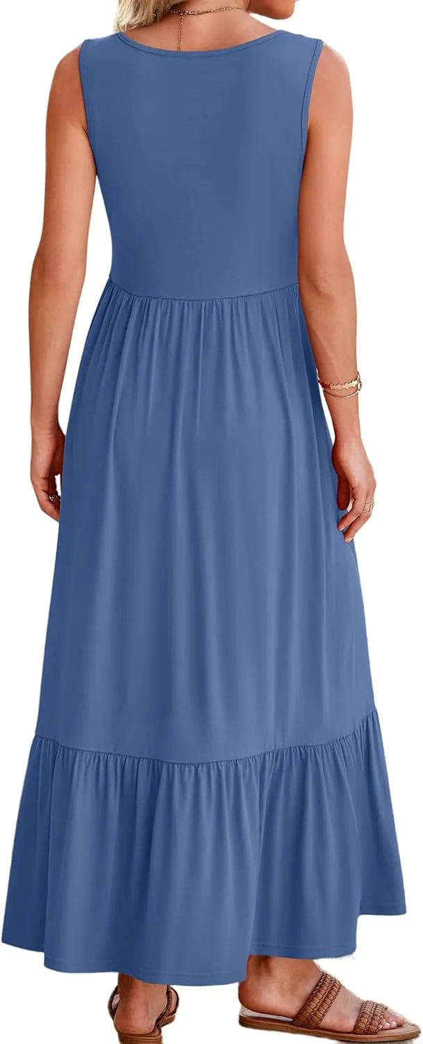Womens Summer Sleeveless Dresses Casual Loose Plain Maxi Sundress Smocked Tank Dress