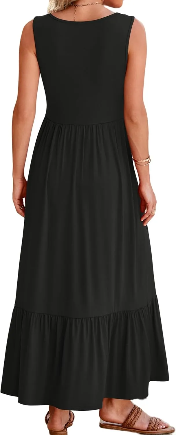 Womens Summer Sleeveless Dresses Casual Loose Plain Maxi Sundress Smocked Tank Dress