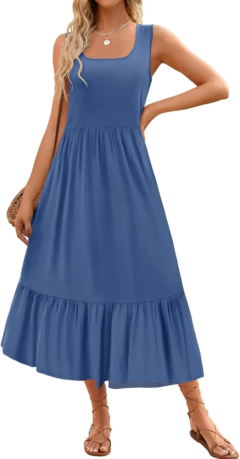 Womens Summer Sleeveless Dresses Casual Loose Plain Maxi Sundress Smocked Tank Dress
