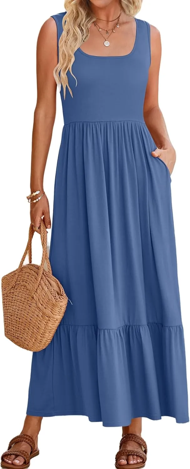 Womens Summer Sleeveless Dresses Casual Loose Plain Maxi Sundress Smocked Tank Dress
