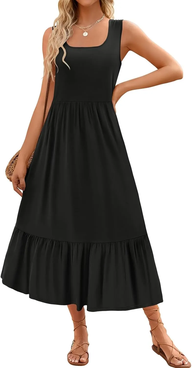 Womens Summer Sleeveless Dresses Casual Loose Plain Maxi Sundress Smocked Tank Dress