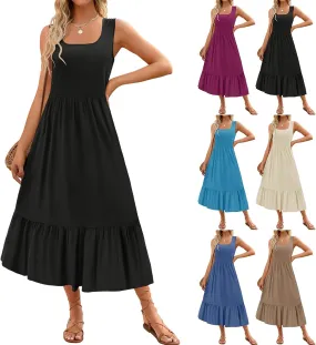 Womens Summer Sleeveless Dresses Casual Loose Plain Maxi Sundress Smocked Tank Dress
