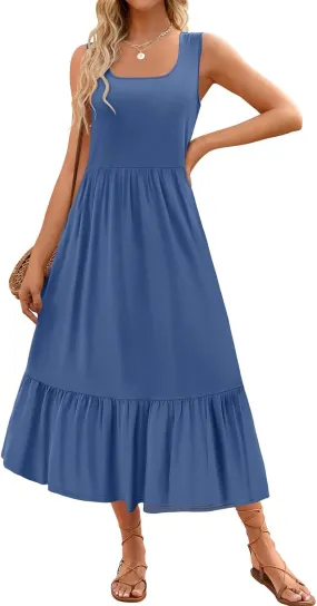 Womens Summer Sleeveless Dresses Casual Loose Plain Maxi Sundress Smocked Tank Dress