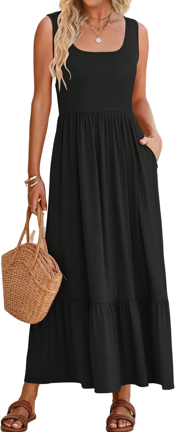 Womens Summer Sleeveless Dresses Casual Loose Plain Maxi Sundress Smocked Tank Dress