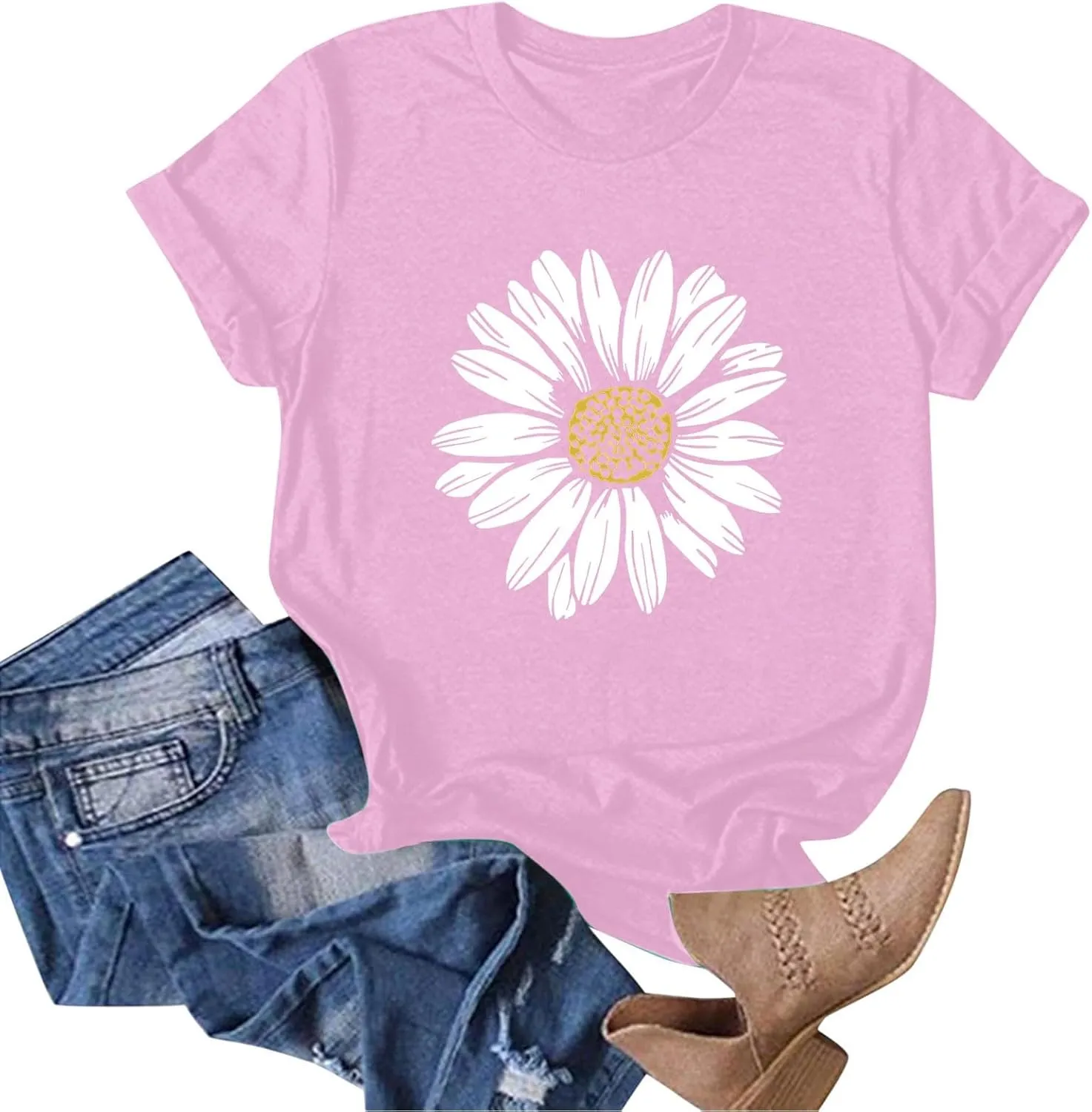 Women's Summer Sunflower T Shirt Cute Flower Graphic Loose Tees Crew Neck Short Sleeve Casual Tops Holiday Tee Shirt