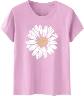 Women's Summer Sunflower T Shirt Cute Flower Graphic Loose Tees Crew Neck Short Sleeve Casual Tops Holiday Tee Shirt