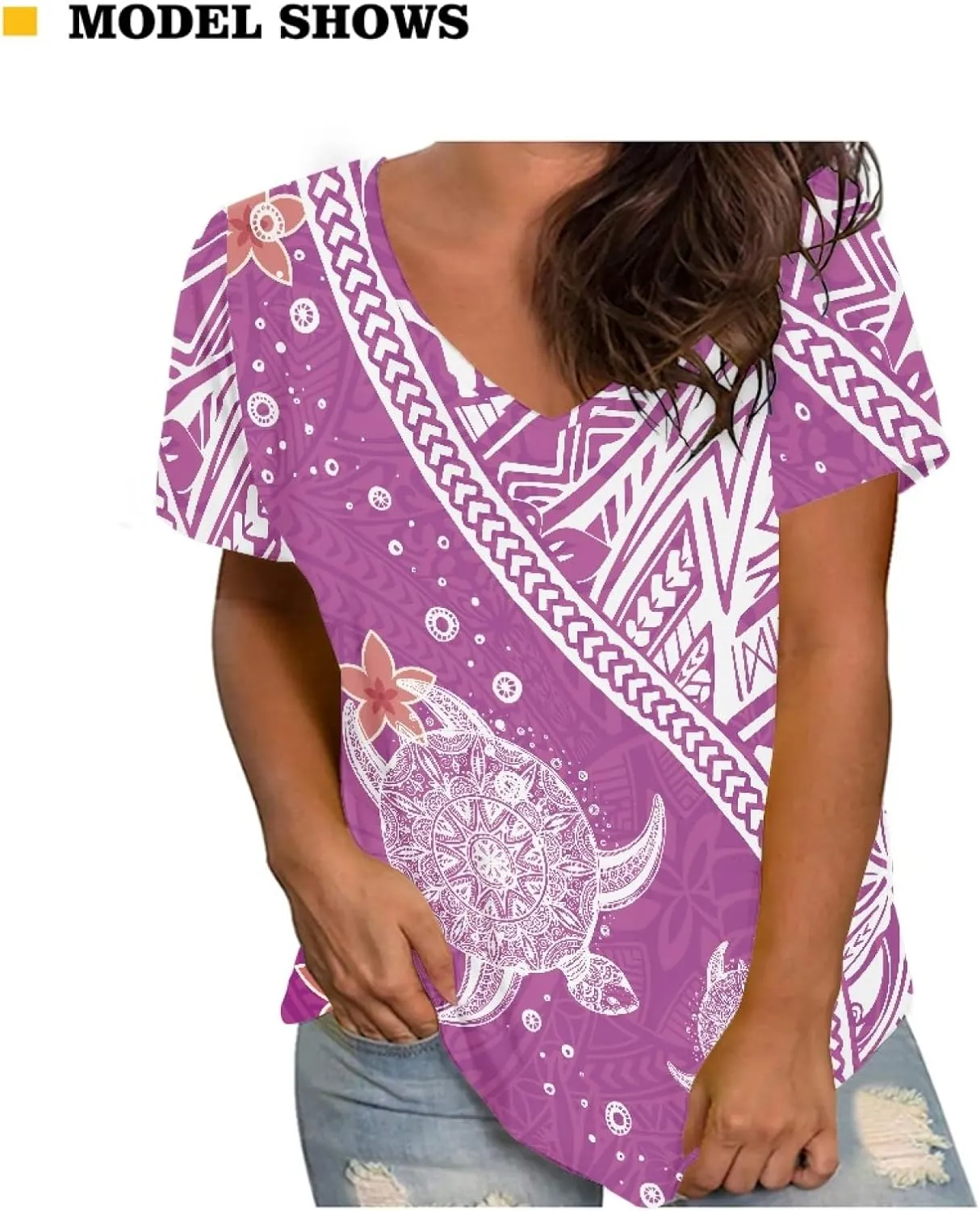 Womens Summer Tight Shirts Polynesian Tapa Printed Short Sleeve V Neck Casual T-Shirts