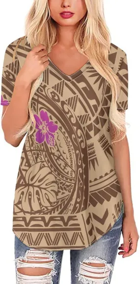 Womens Summer Tight Shirts Polynesian Tapa Printed Short Sleeve V Neck Casual T-Shirts