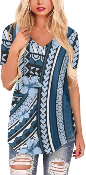 Womens Summer Tight Shirts Polynesian Tapa Printed Short Sleeve V Neck Casual T-Shirts