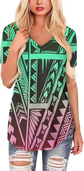 Womens Summer Tight Shirts Polynesian Tapa Printed Short Sleeve V Neck Casual T-Shirts