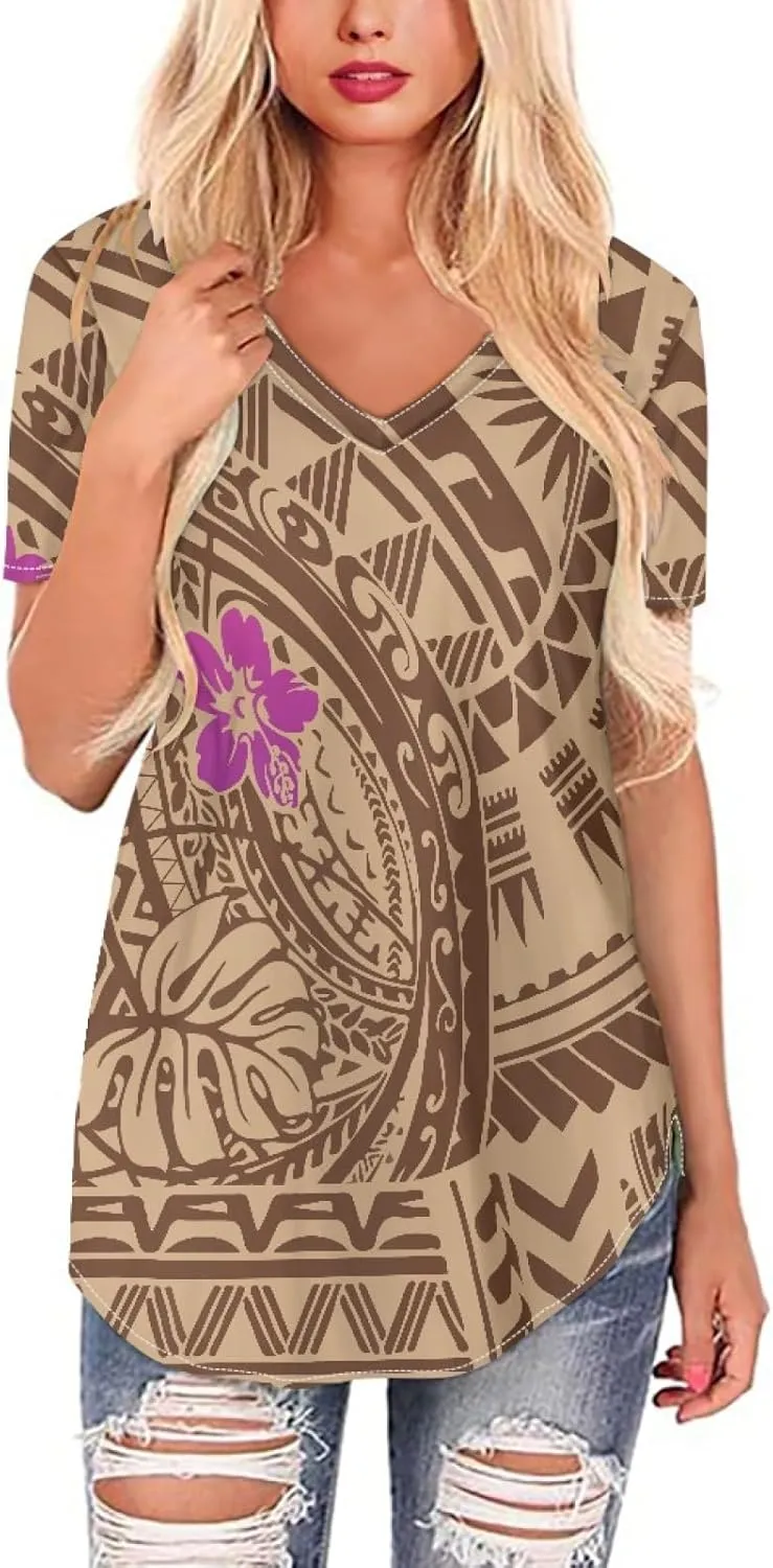 Womens Summer Tight Shirts Polynesian Tapa Printed Short Sleeve V Neck Casual T-Shirts