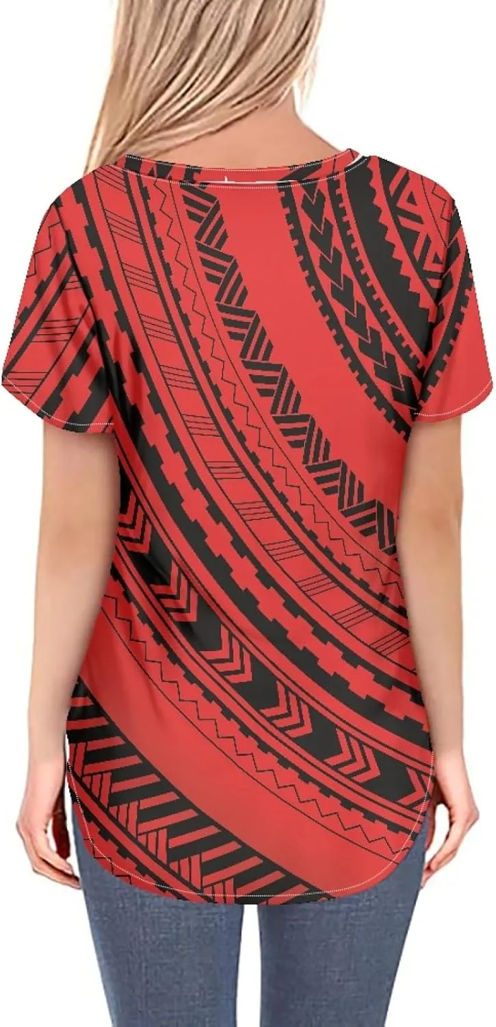 Womens Summer Tight Shirts Polynesian Tapa Printed Short Sleeve V Neck Casual T-Shirts
