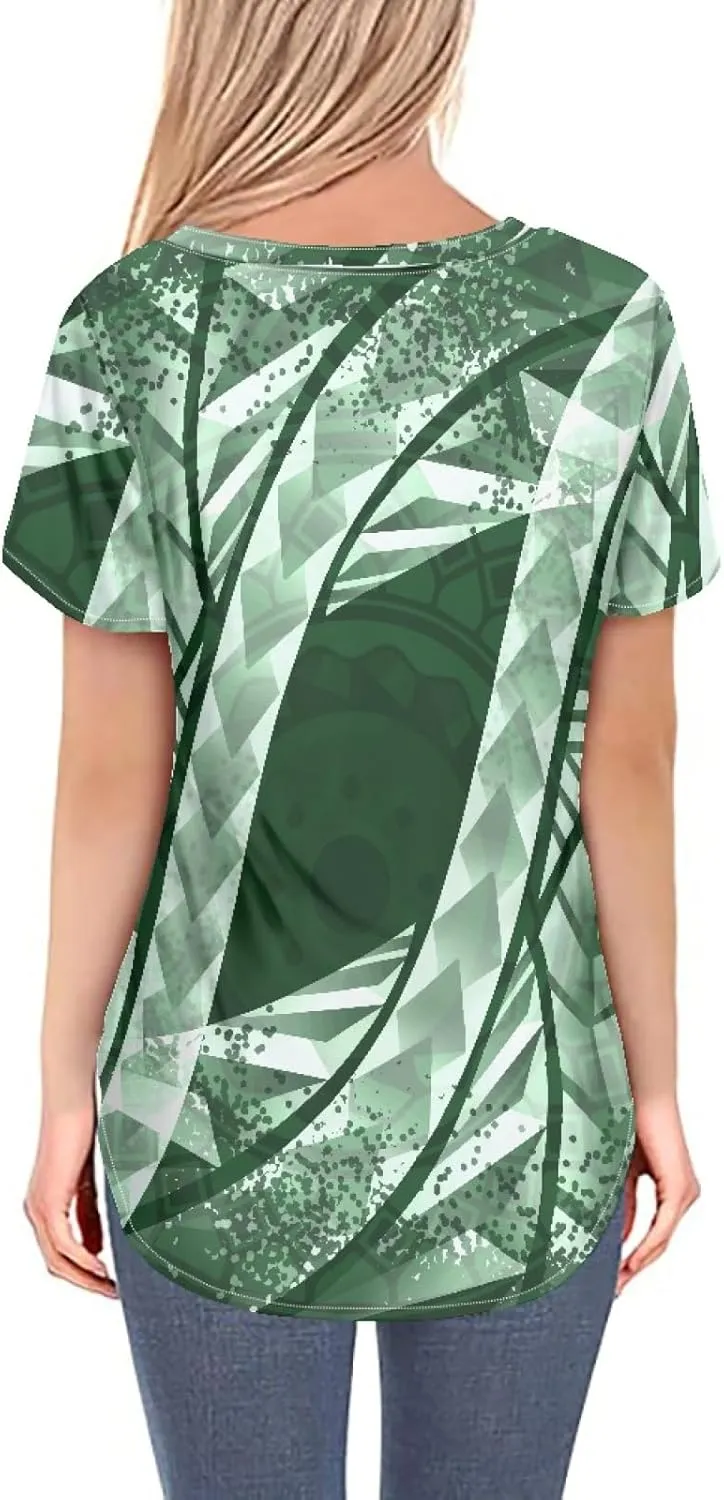 Womens Summer Tight Shirts Polynesian Tapa Printed Short Sleeve V Neck Casual T-Shirts