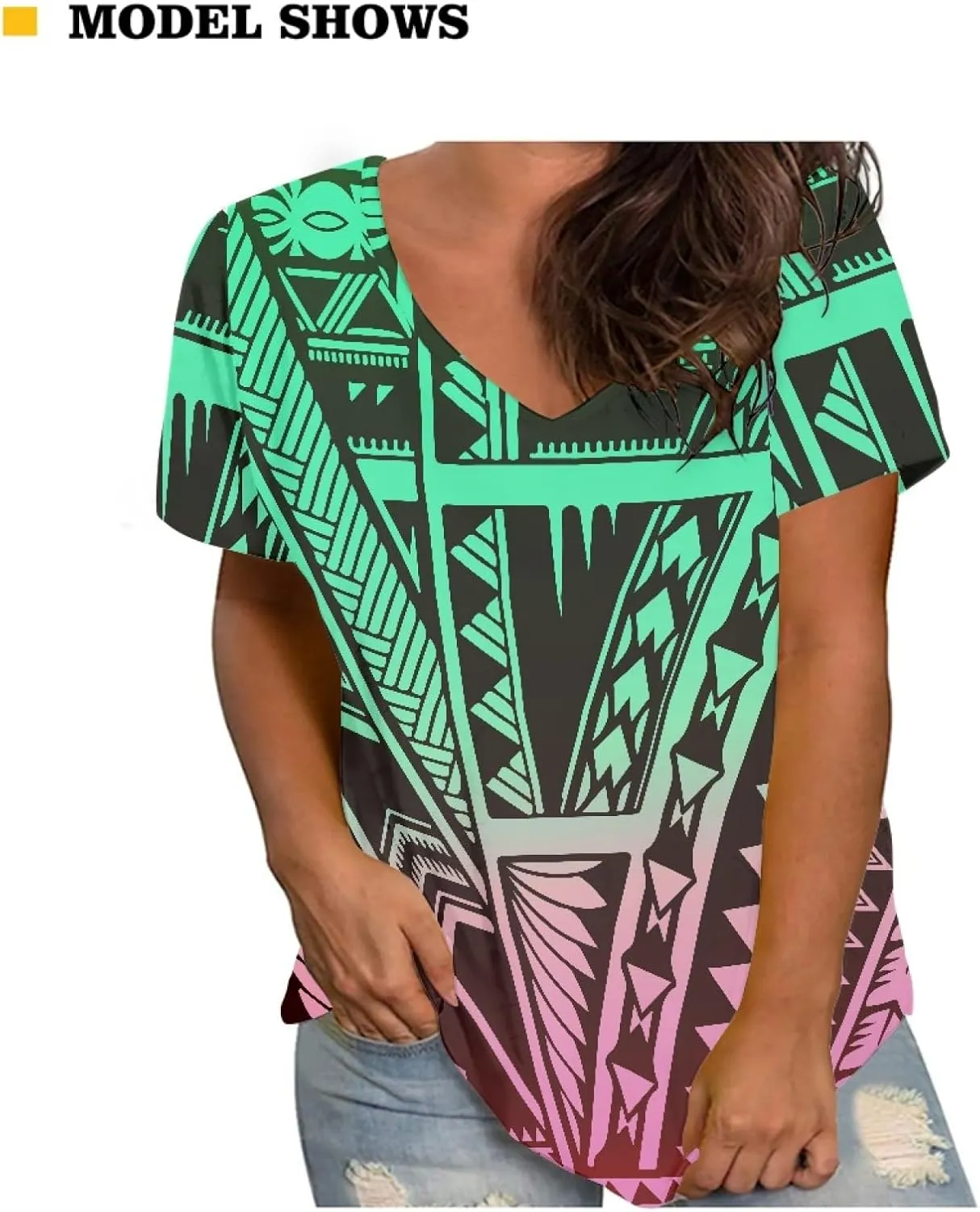 Womens Summer Tight Shirts Polynesian Tapa Printed Short Sleeve V Neck Casual T-Shirts