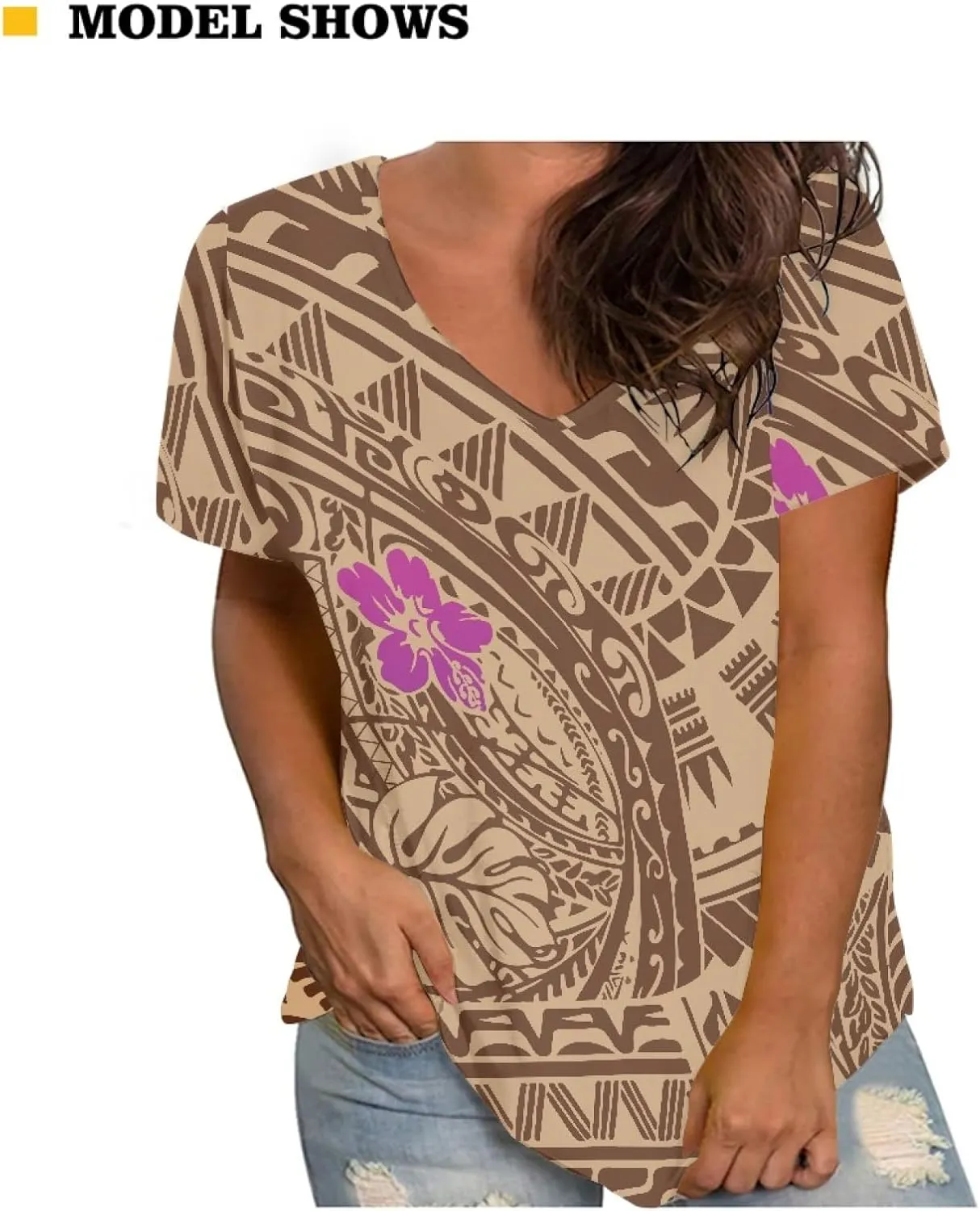 Womens Summer Tight Shirts Polynesian Tapa Printed Short Sleeve V Neck Casual T-Shirts