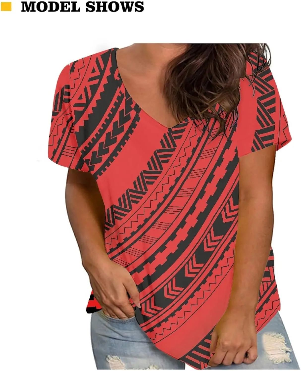 Womens Summer Tight Shirts Polynesian Tapa Printed Short Sleeve V Neck Casual T-Shirts