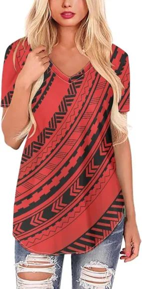 Womens Summer Tight Shirts Polynesian Tapa Printed Short Sleeve V Neck Casual T-Shirts
